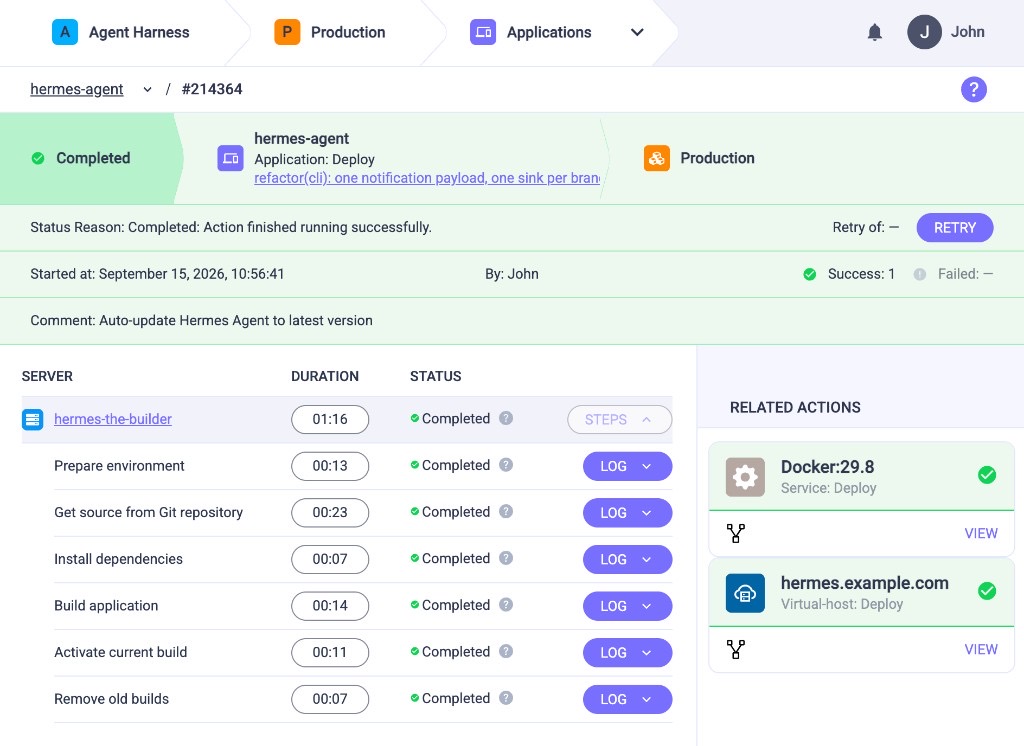 Completed deploy in Devopness: hermes-agent application deployed to Production with all steps succeeded