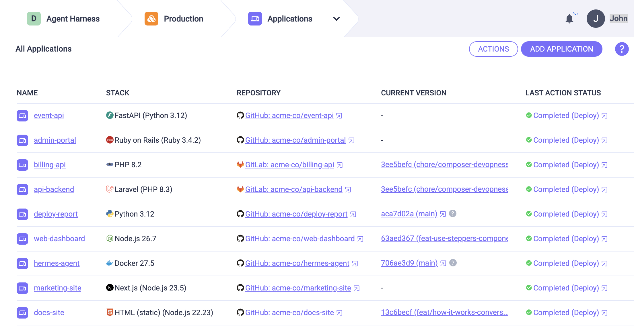 Devopness applications list showing stacks, Git providers, and deploy actions