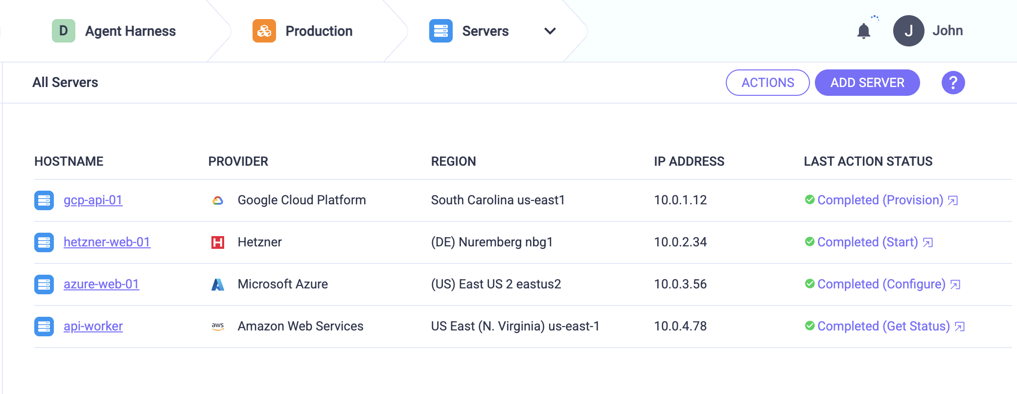 Devopness servers list showing AWS, Azure, Google Cloud, and Hetzner in one project